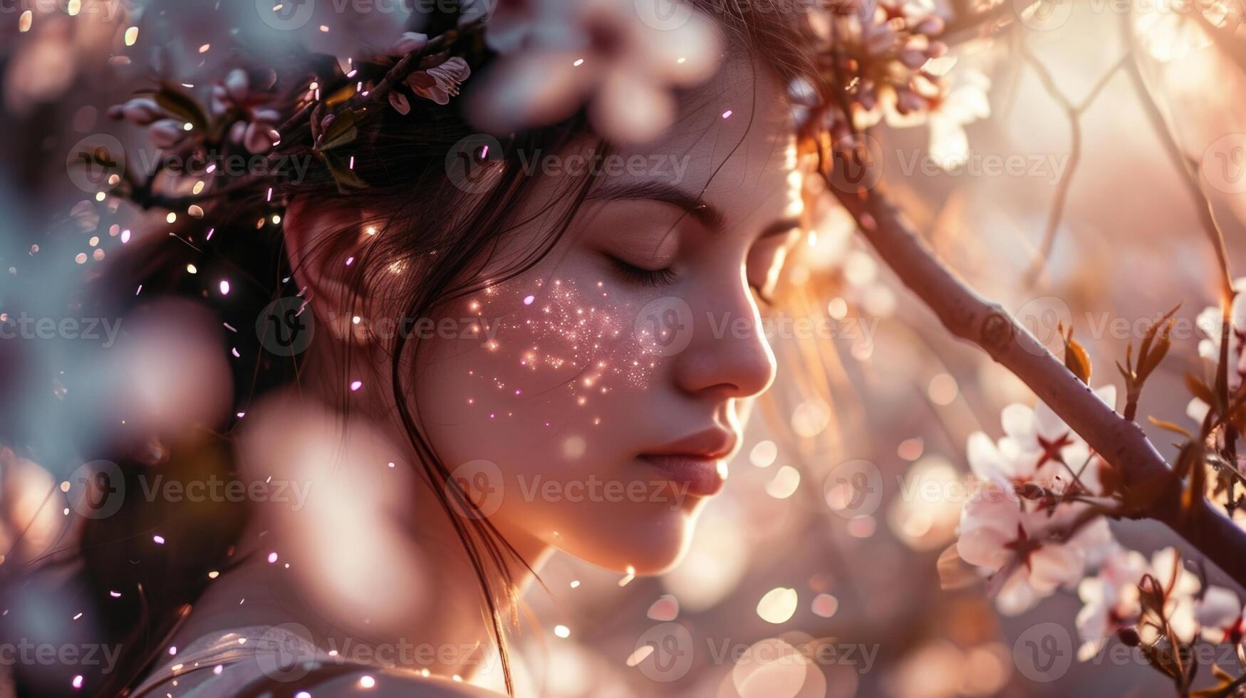 A stunning closeup of a woman with cherry blossom branches tucked in her hair, her face surrounded by a gentle pink glow. The sparks add an ethereal touch to the overall spring aesthetic. photo