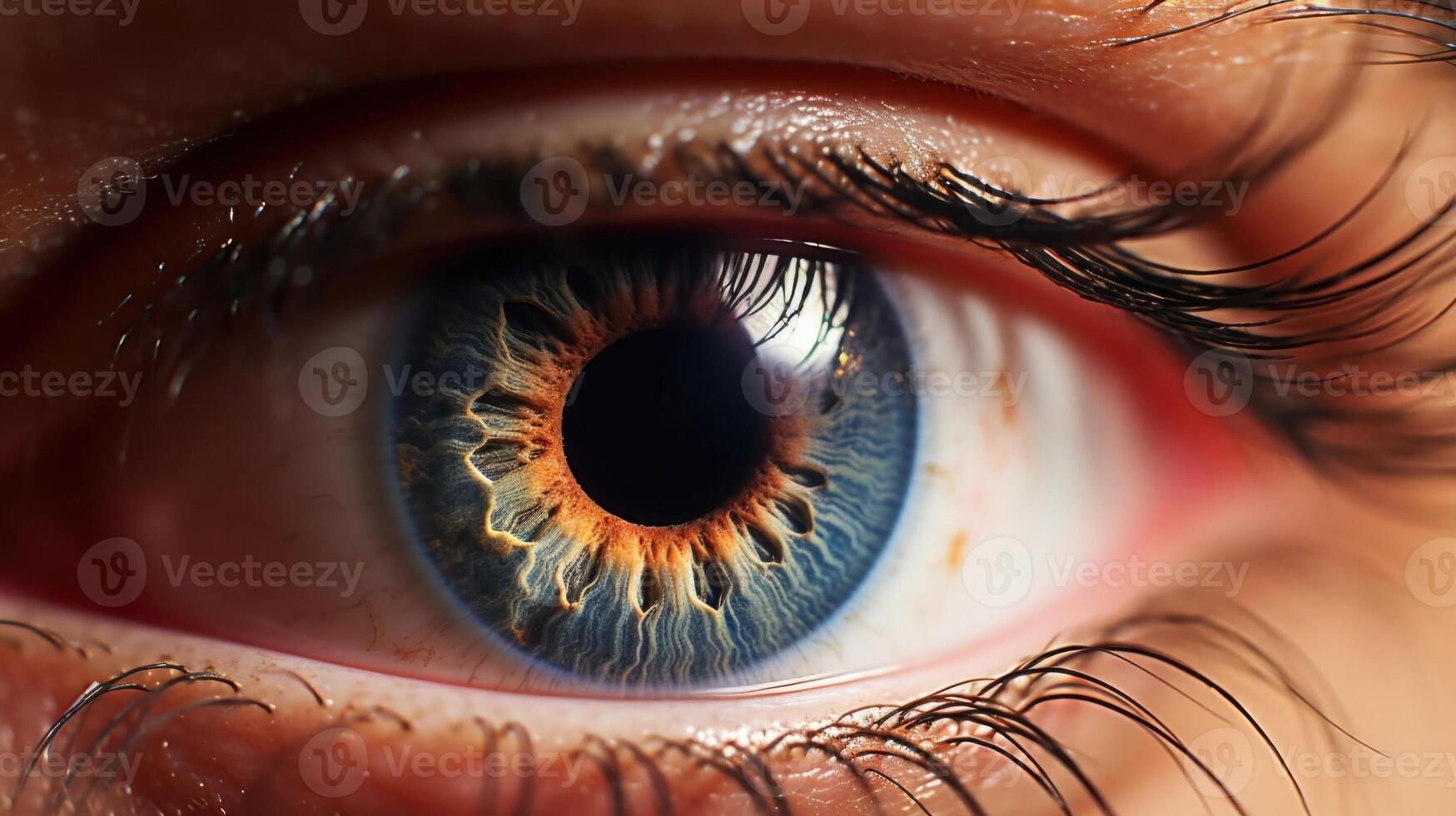 A macro photograph of a human eye with dilated pupils, highlighting the negative impact of light pollution on human health. Exposure to artificial light at night can disrupt our natural photo