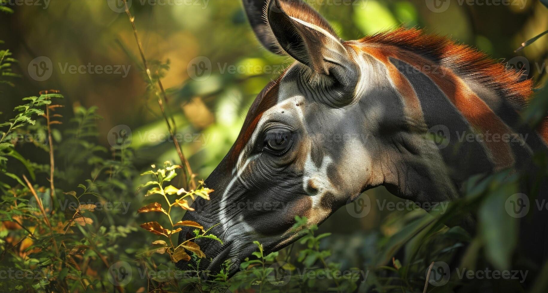 The intricate and unique markings of an okapi are highlighted in this closeup as it nibbles on foliage blending seamlessly into its natural habitat photo