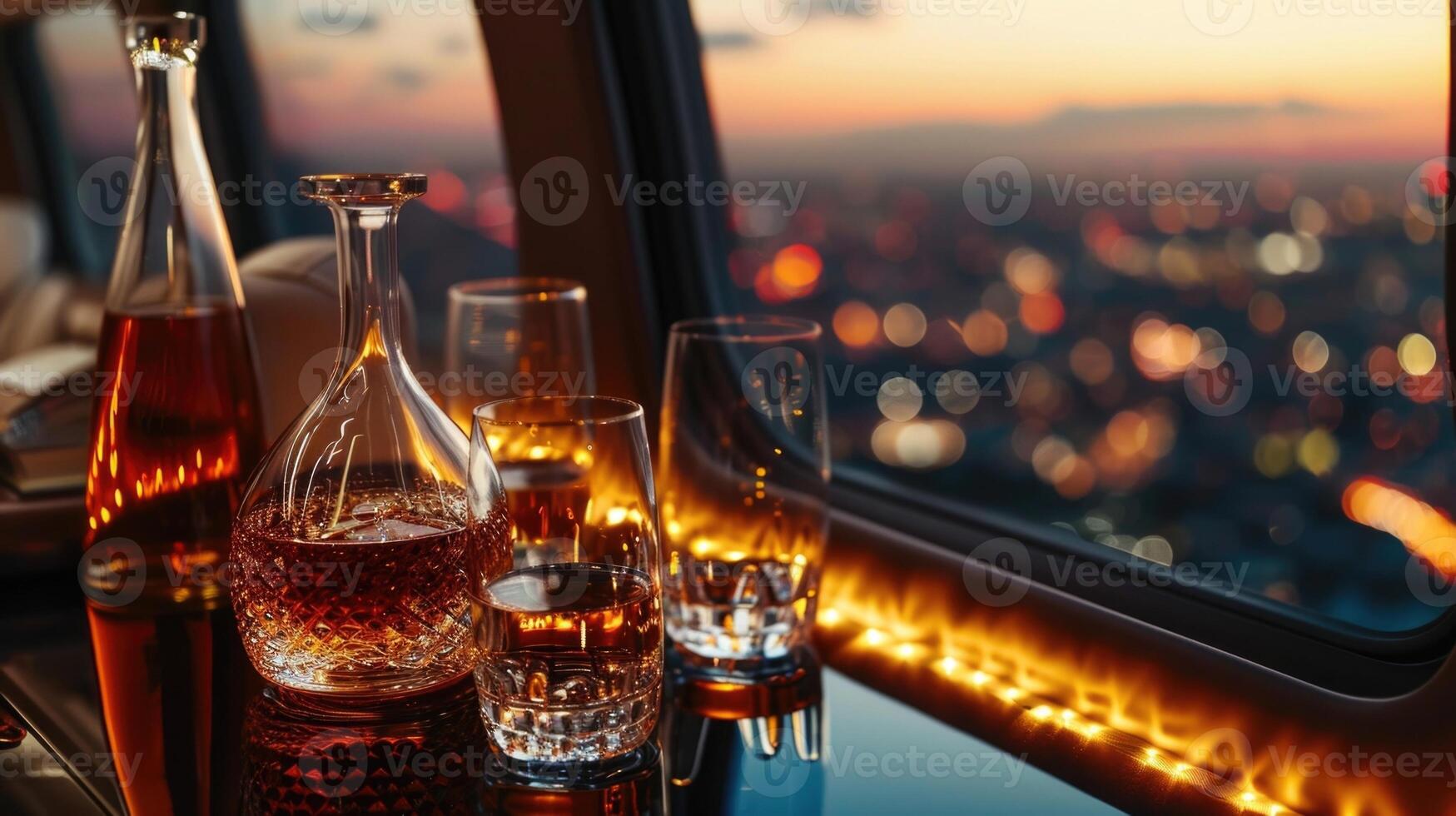 The perfectly p decanter and glasses exude a sense of anticipation, inviting passengers to enjoy a drink while admiring the magnificent city view from the private jet window. A moment of photo