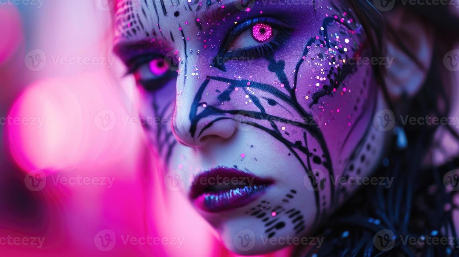 A closeup of a woman with a dramatic, geometric face paint in shades of purple and pink. Holographic sparks spark from her lips, adding a rebellious and futuristic element to her photo