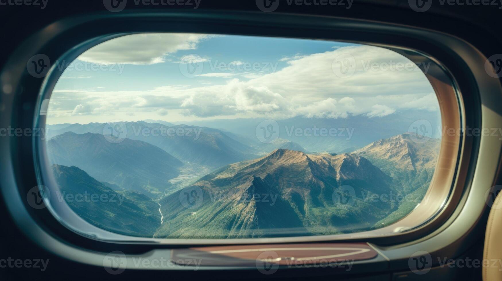 From the comfort of the private jet, the sprawling mountain range appears as if its a painting, with the jet window acting as a frame for this natural masterpiece. photo
