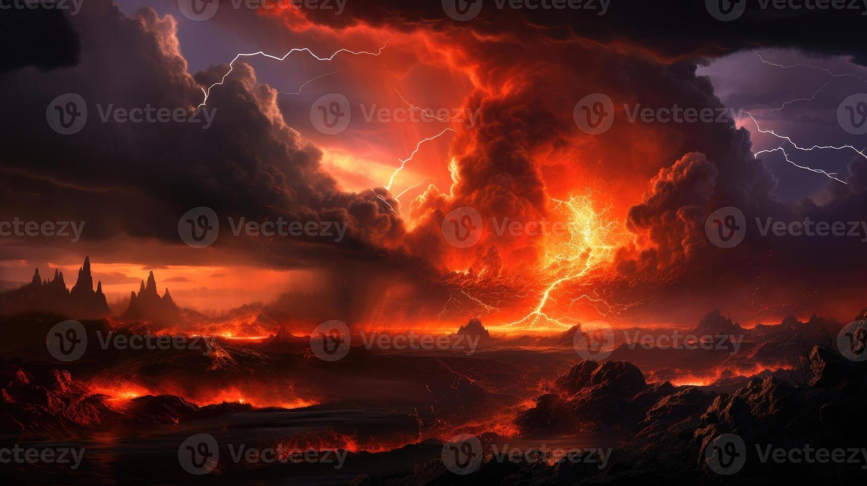 A chaotic scene of natures fury unfolded as a volcano spewed hot lava into the air, creating a cloud of darkness that engulfed the landscape. photo