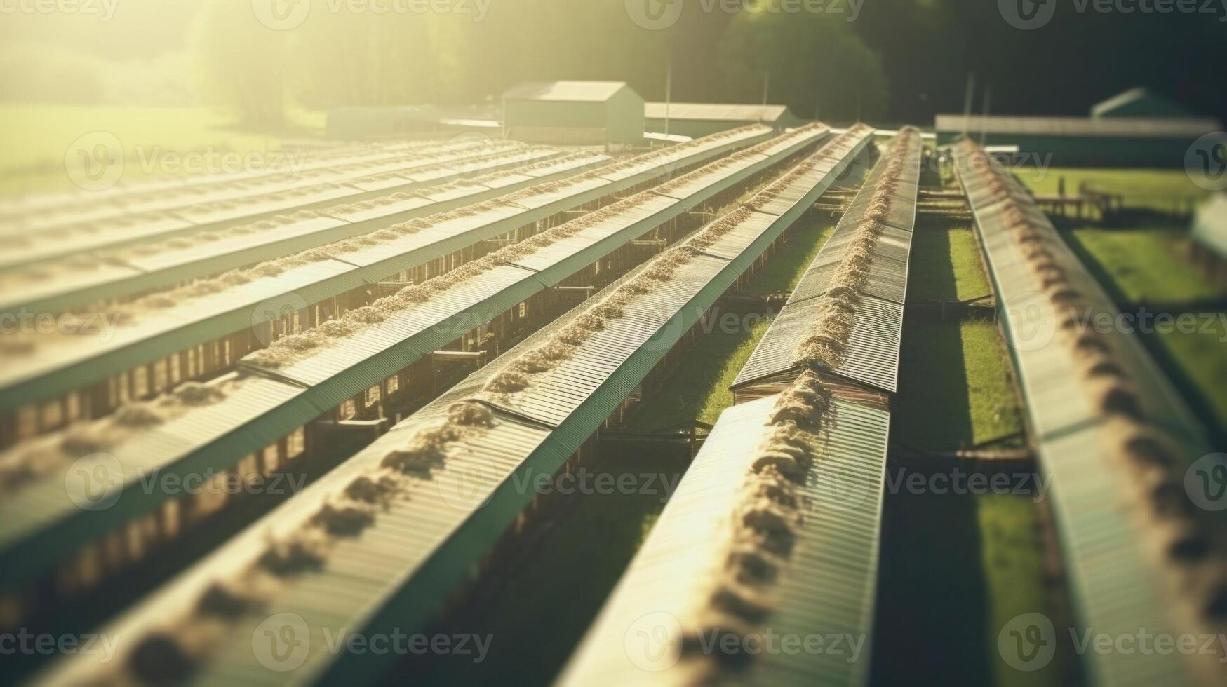 The overhead shot captures the orderly rows of chicken houses, inter with winding roads and lush pastures on a massive poultry farm. photo