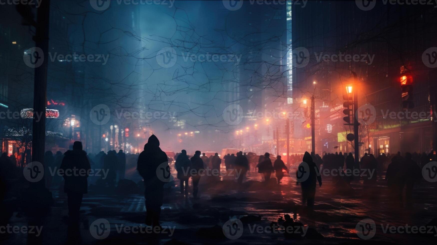 The smoky haze of a busy intersection, where the city lights and blurred figures create a captivating and chaotic scene. photo