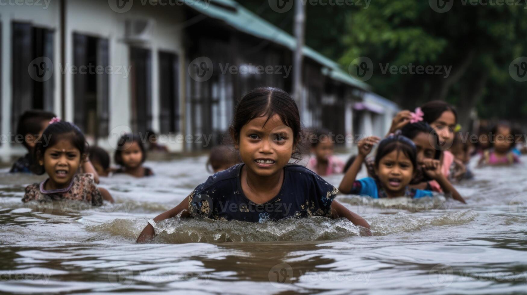 Small children trying to keep their balance as they wade through the waistdeep floodwaters. photo