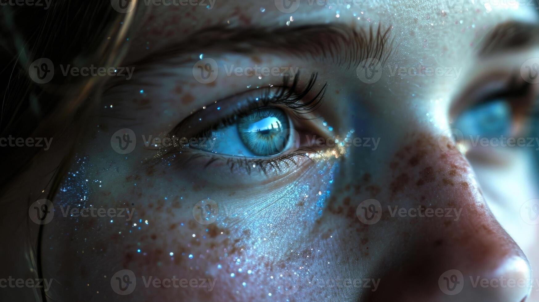 A radiant woman with mesmerizing blue eyes and shimmering eyeshadow, gazing into the distance with the ling night sky reflected in her eyes. photo