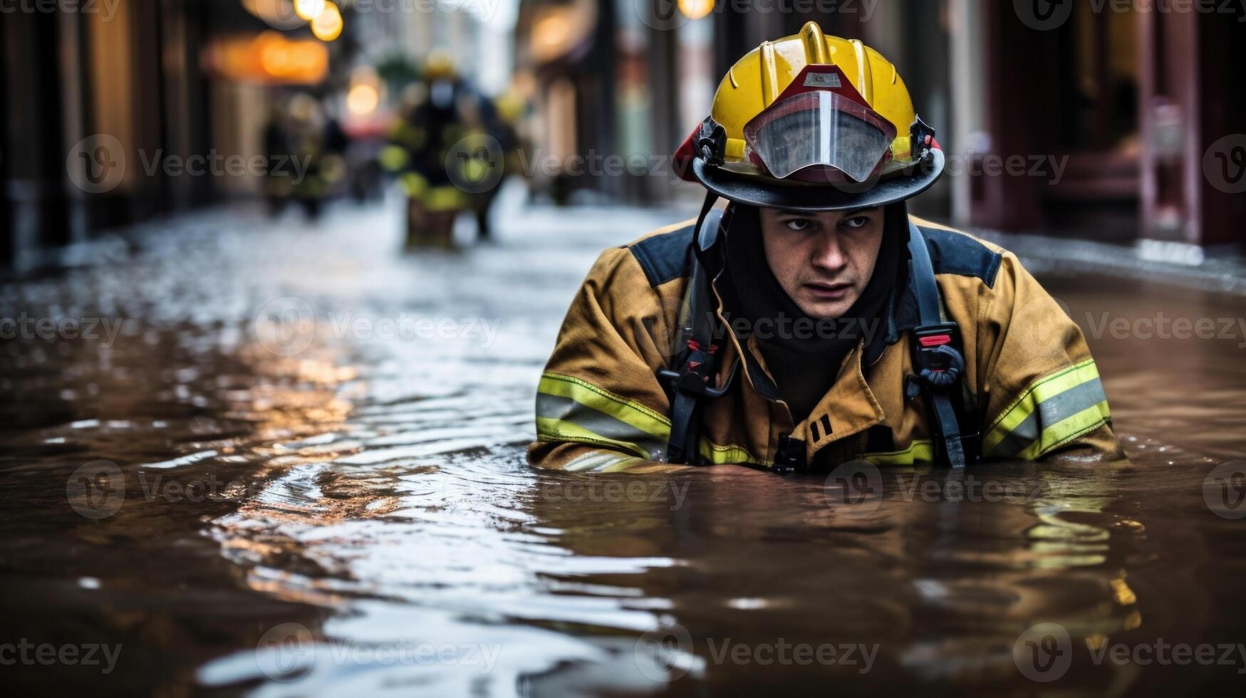 As they tread water in the floodravaged streets, a rescue workers reflection gazes back at them, a reminder of the tireless effort and bravery they demonstrate in times of disaster. photo