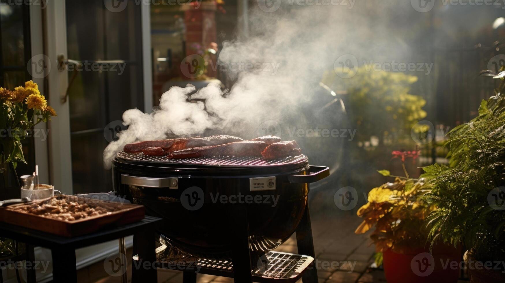 As the smoker slowly churns out mouthwatering pulled pork, the smoke blankets the patio in a dreamy haze. photo