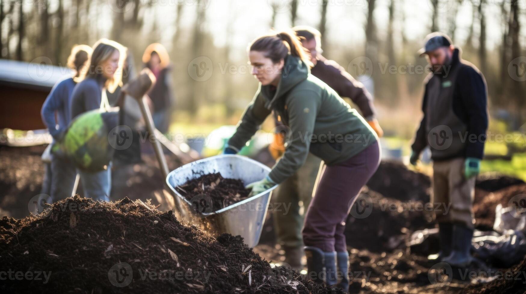 A group of eager volunteers shoveling and mixing various types of farm waste in a designated composting site, working towards the common goal of producing a large quantity of natural photo