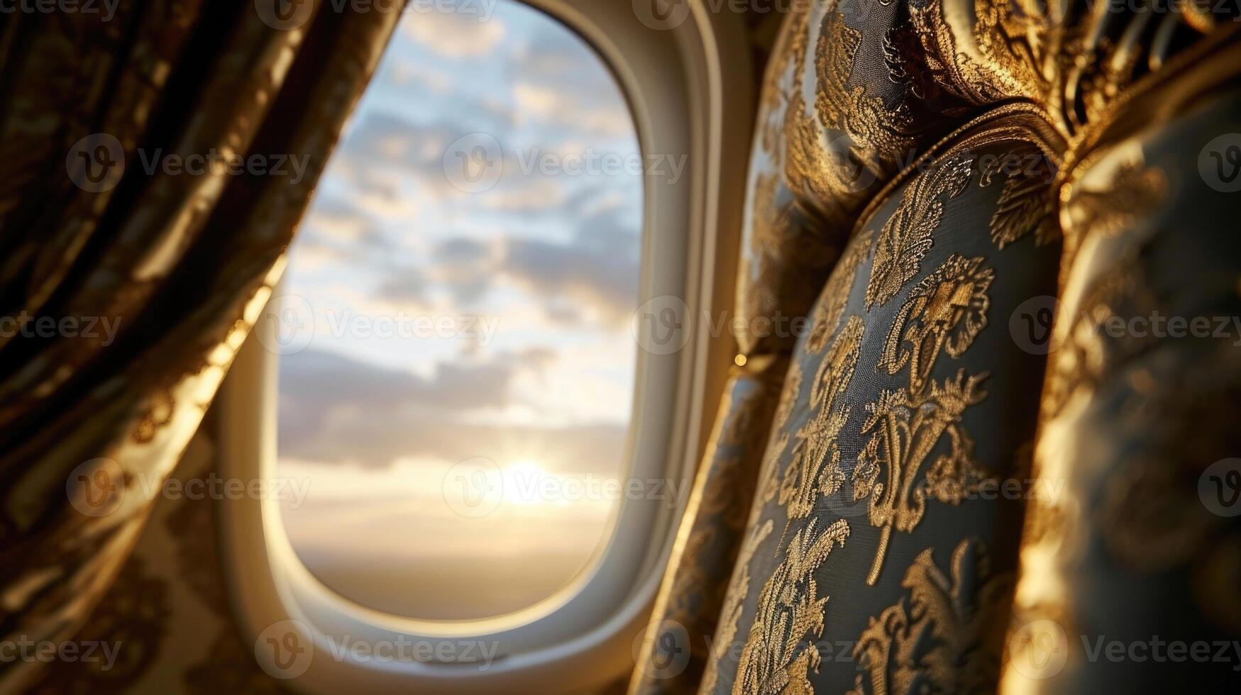With the backdrop of serene clouds outside, the intricate pattern and luxurious material of these cabin curtains exude opulence and sophistication in this private jet. photo