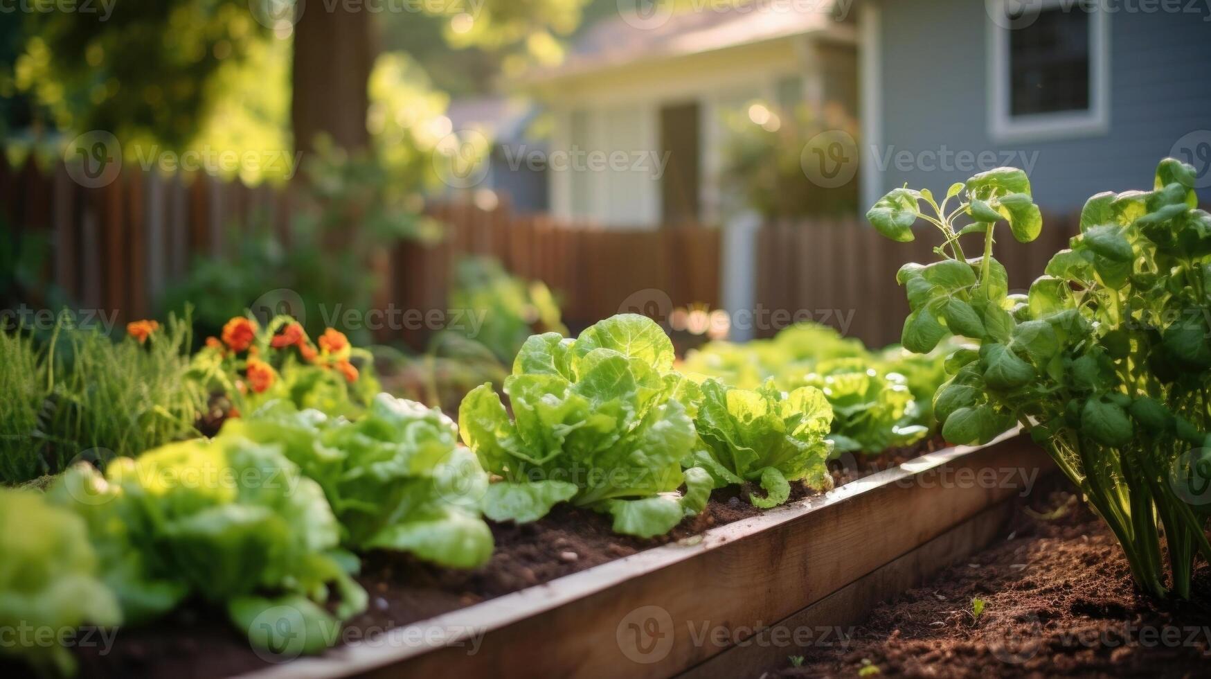 An inviting front yard transformed into an edible oasis, with raised beds of lettuce, tomatoes, and peppers, adding both charm and practicality to the space. photo