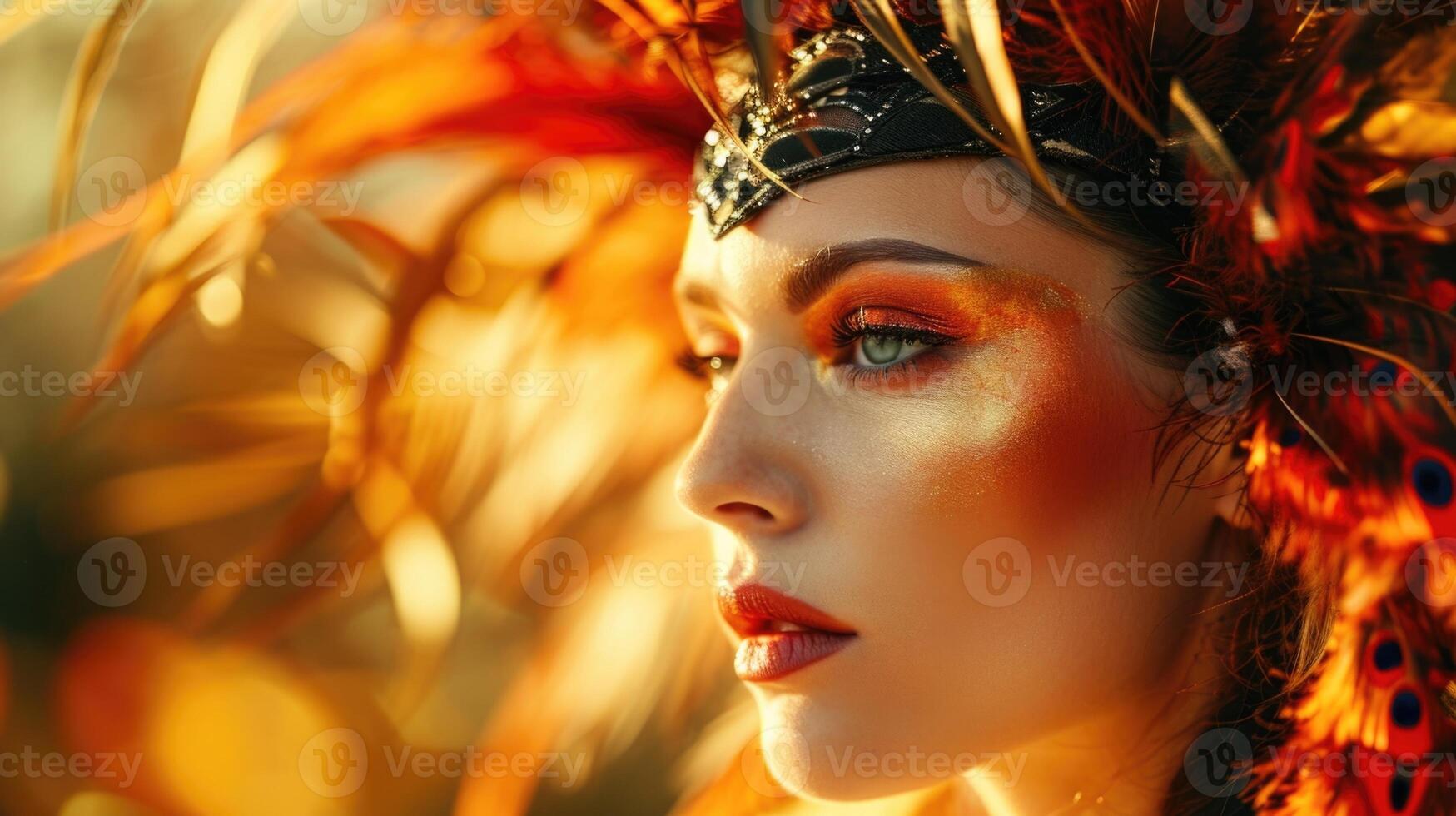 A woman with a bold feathered headpiece, framing her face and adding a touch of wild exoticism, with her makeup featuring a blend of warm oranges and yellows to capture the fiery tones of photo