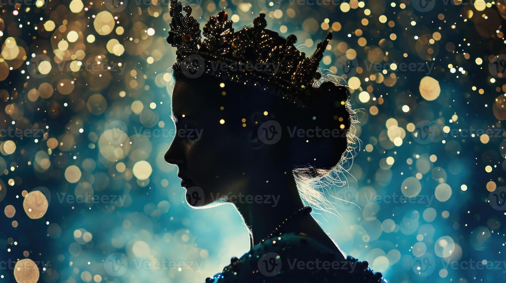 The queens regal silhouette, framed by a backdrop of royalcolored sparks in shades of blue and gold, radiating power and grace. photo