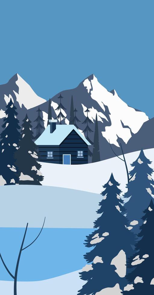 Winter landscape with house and mountain illustration vector