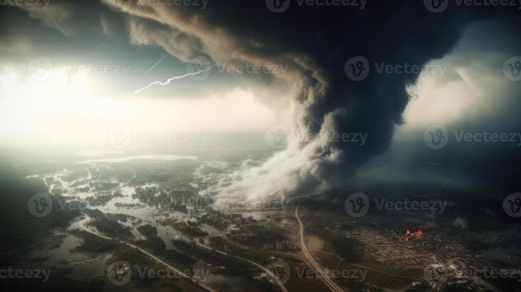 Closeup of a tornados path of destruction, illustrating the immense power and impact of these natural disasters. photo