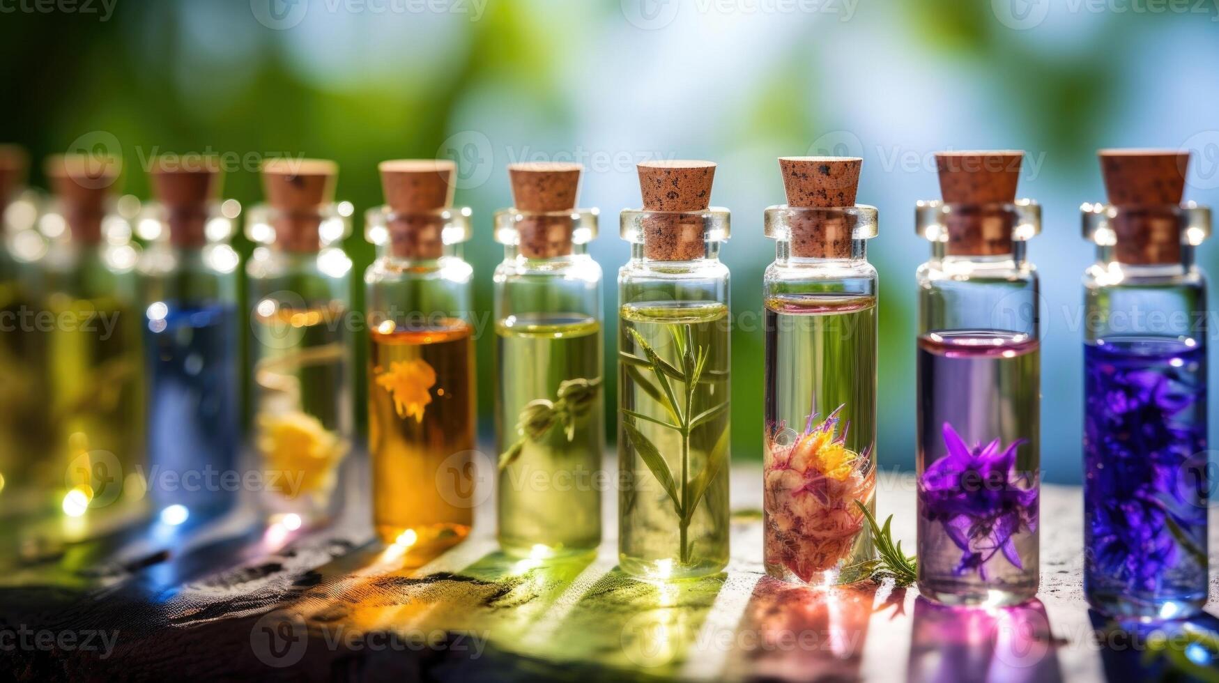 A closeup of a bottle of essential oils, with droplets of different scents suspended in oil, showcasing the chemical composition of natural fragrances. photo