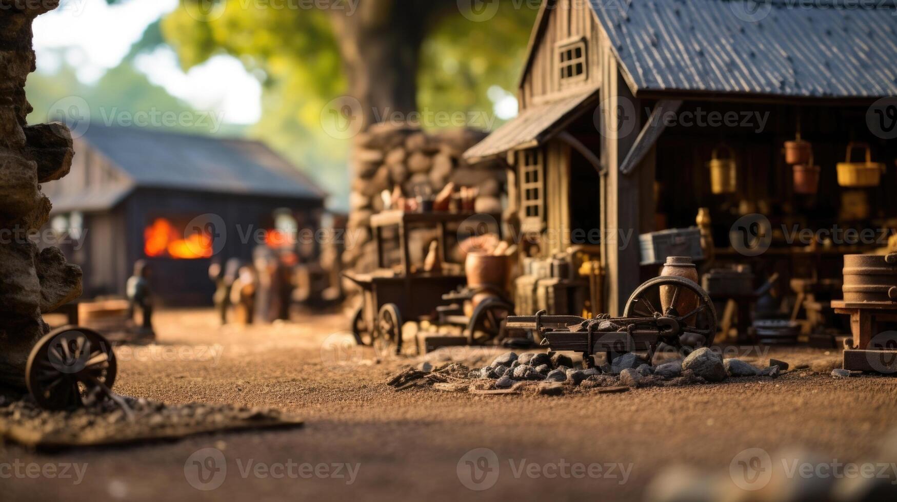 An antique blacksmith shop, complete with a blazing fire and traditional tools, stands proudly alongside a scenic countryside road, maintained and open for visitors to experience a piece photo
