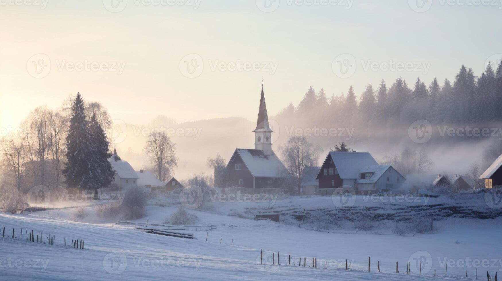 A snowcovered village blanketed in fog, with only the faint sound of church bells breaking the stillness. photo