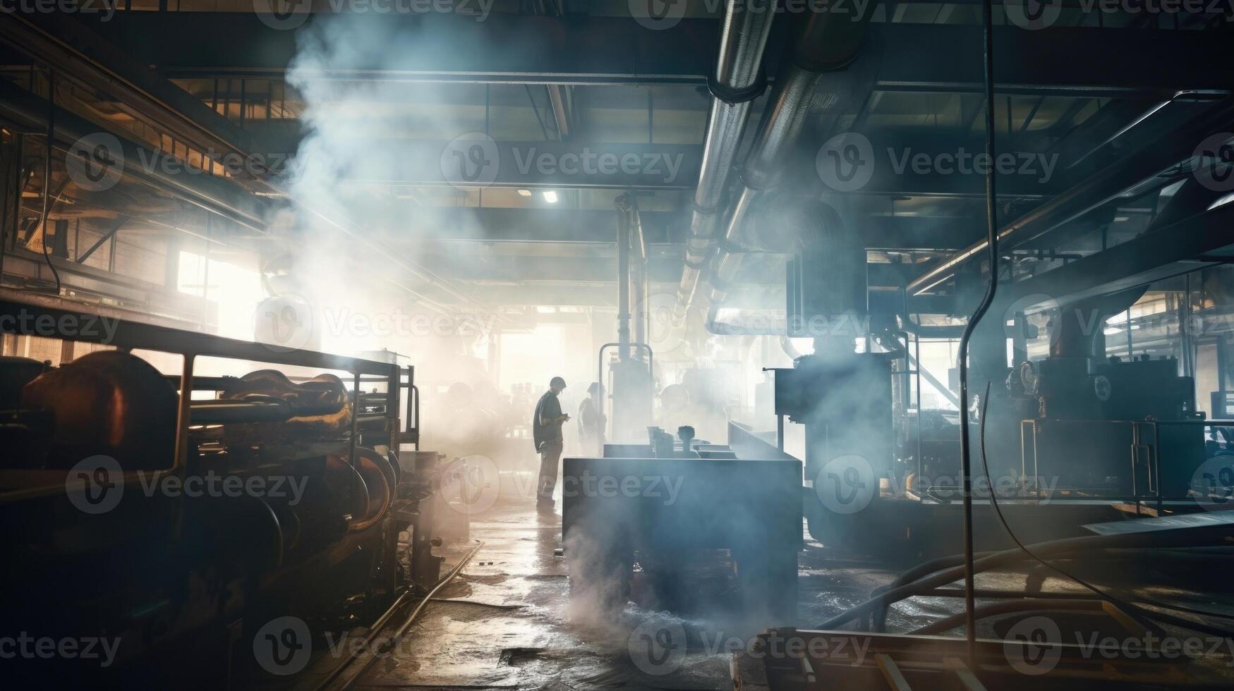 The hazy environment of the factory is a constant presence as workers operate machinery and handle materials in a sea of smoke. photo