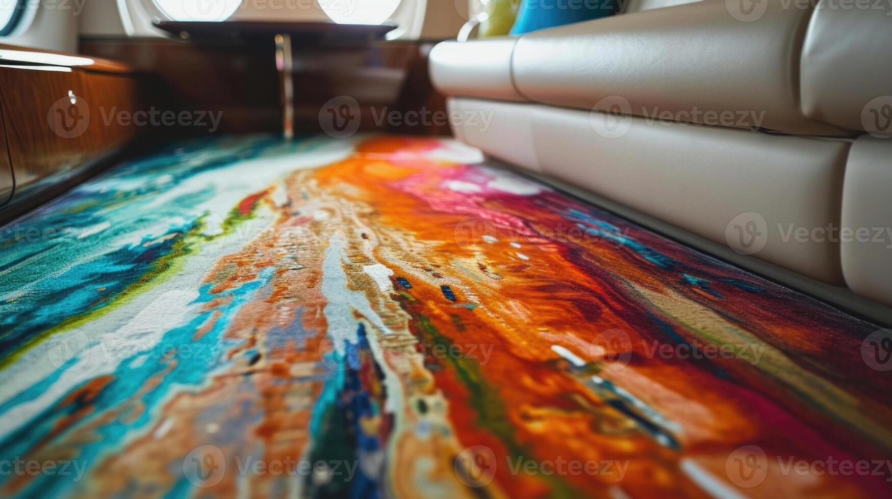 Experience the ultimate in personalized luxury on this private jet, adorned with a custom carpet that looks like a beautiful abstract painting. Take in the breathtaking aerial view of a photo