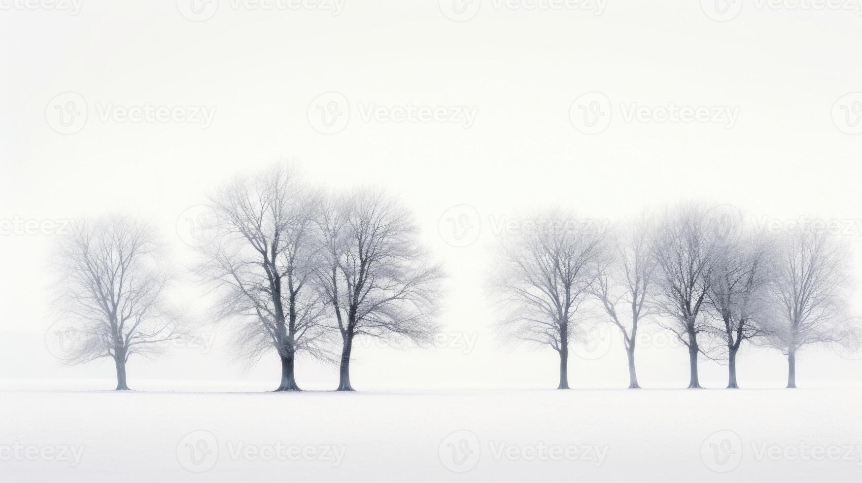 A group of trees standing in a snowy field, surrounded by a thick fog that adds a sense of mystery and enchantment. photo