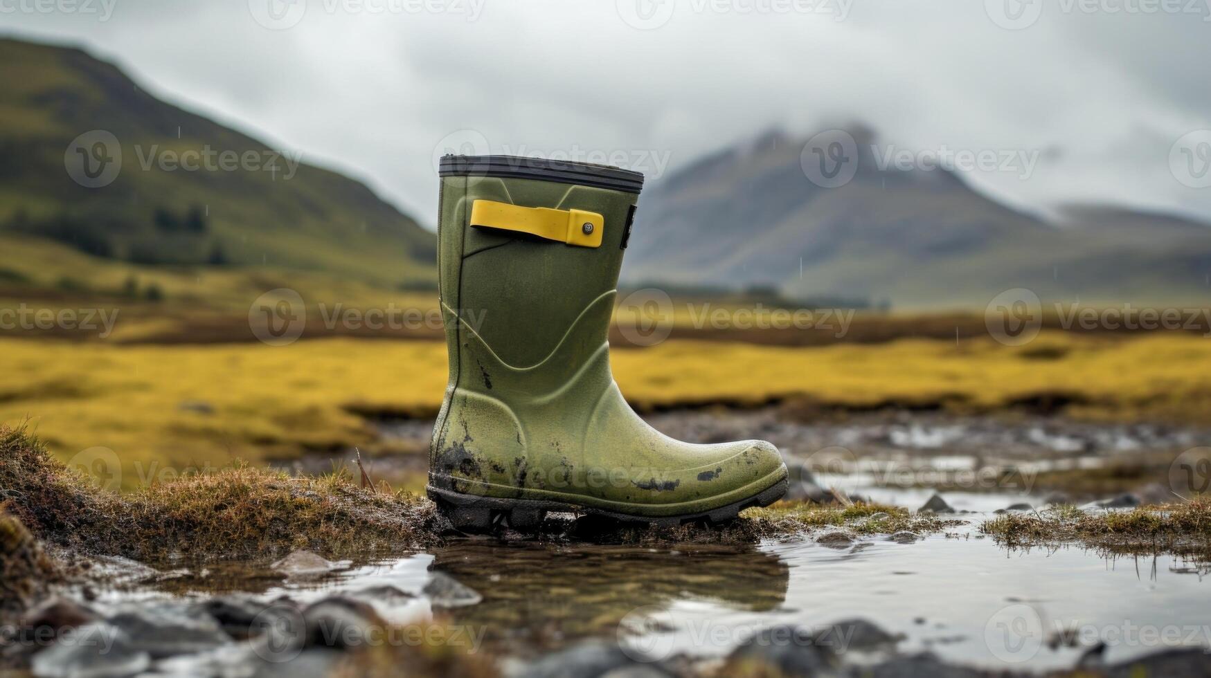 Underneath the gloomy skies, a solitary rain boot braves the mire, a symbol of determination and grit. photo