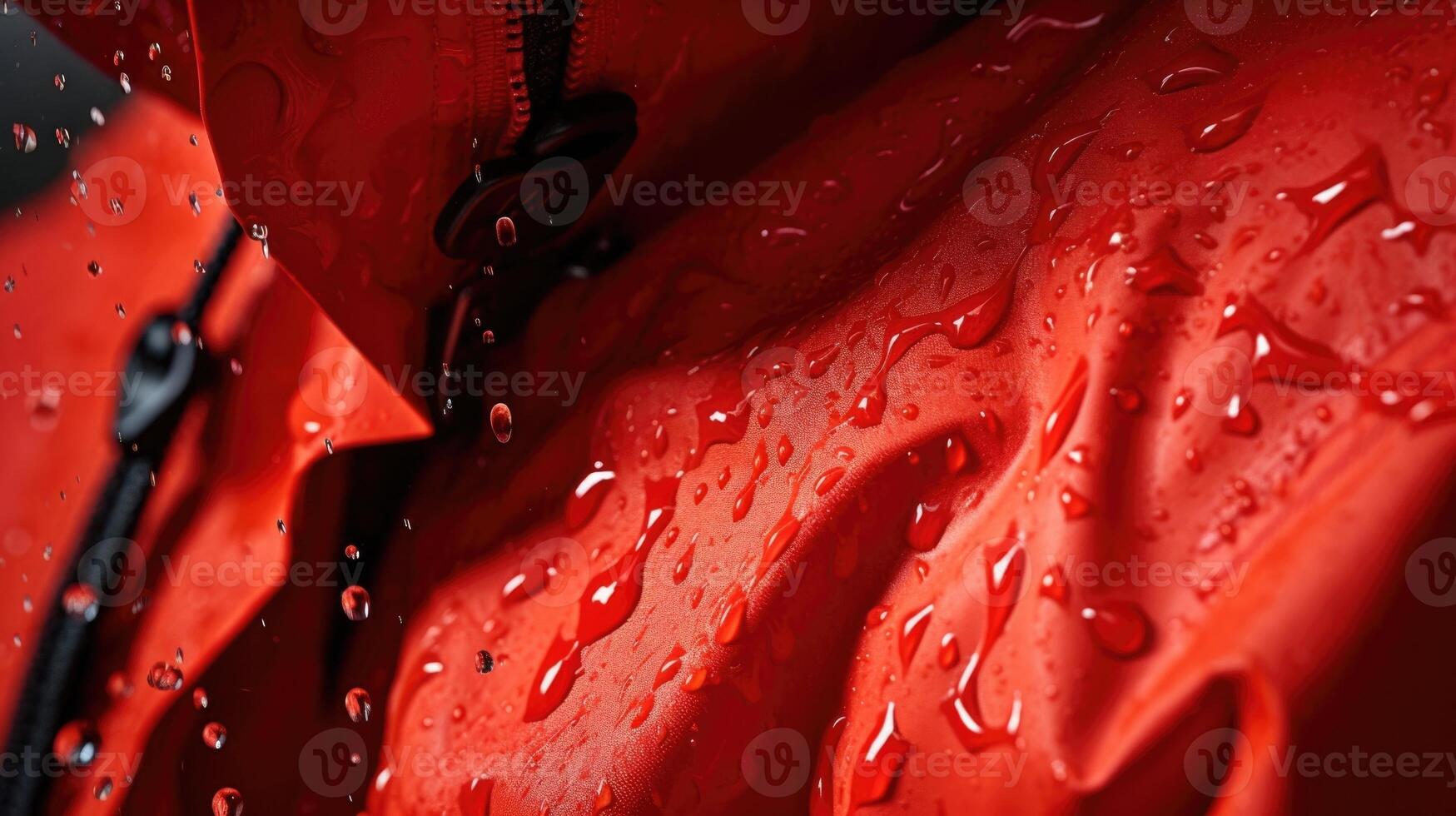A soaking wet jacket, showcasing the beauty of raindrops sliding down its surface in a captivating display. photo