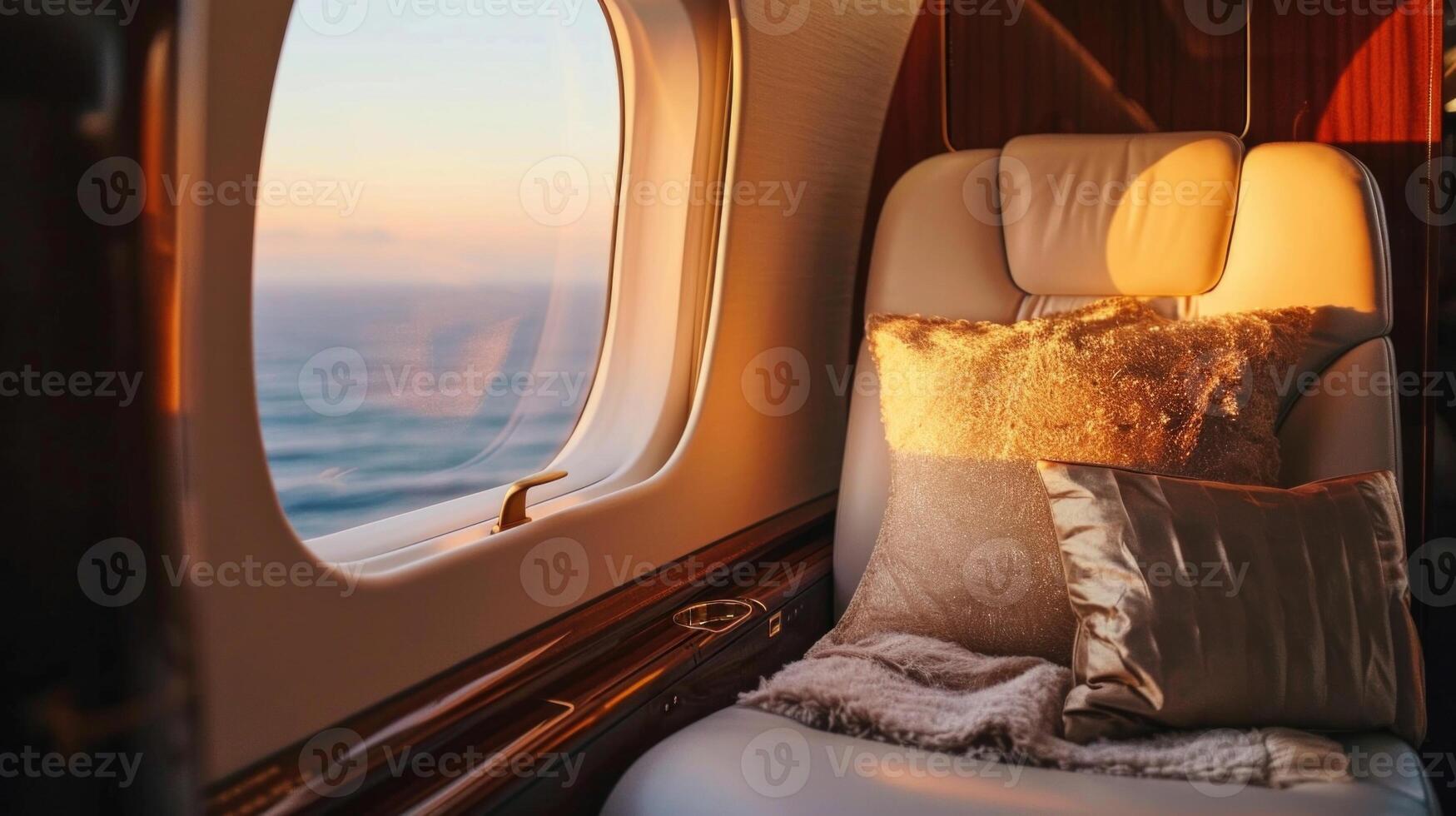 Who needs an beachfront villa when your private jet offers a private reading nook with a stunning view of the ocean horizon through the window photo
