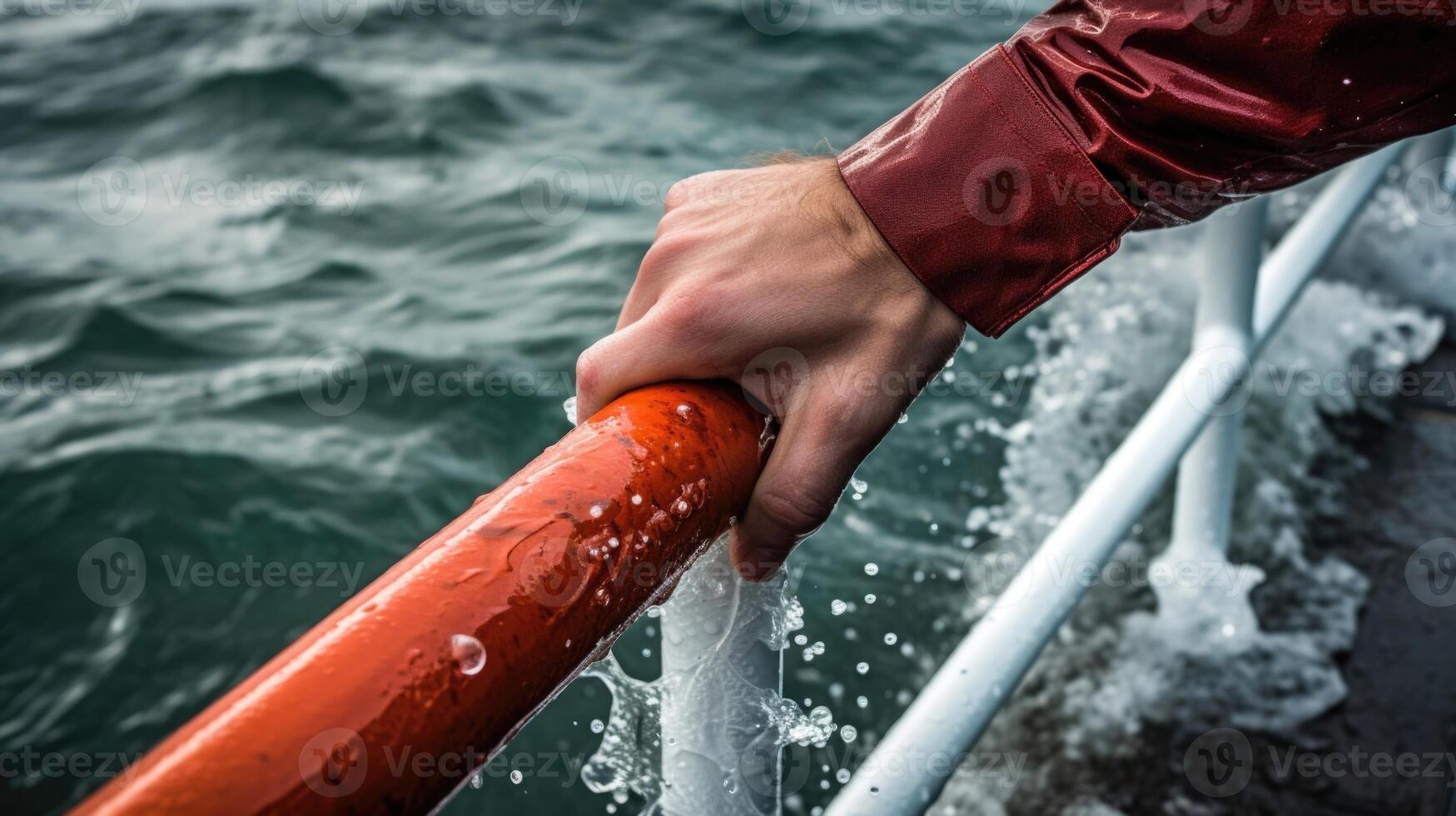 Braving the Elements Against a backdrop of endless water, a hand grips onto a railing for stability and determination. photo