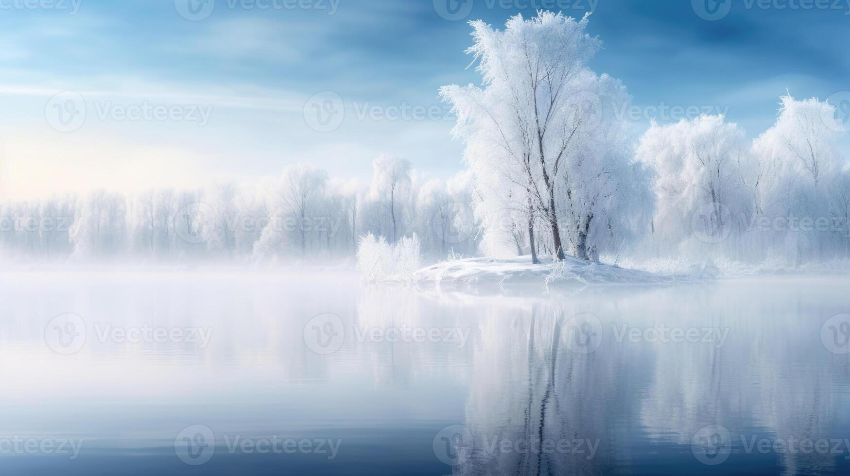 A peaceful winter morning with a thick blanket of fog embracing the frozen lake, creating a soft and mystical atmosphere. photo
