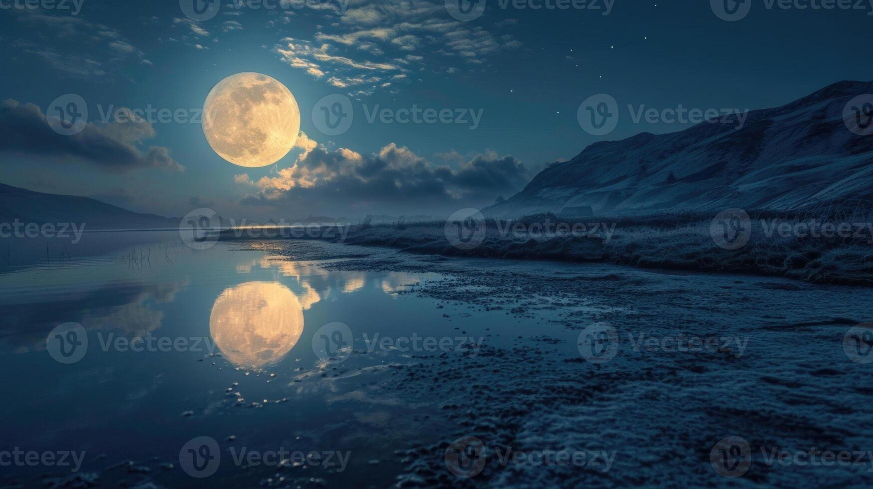 The moons reflection dances across a nearby body of water, creating a mesmerizing scene. photo