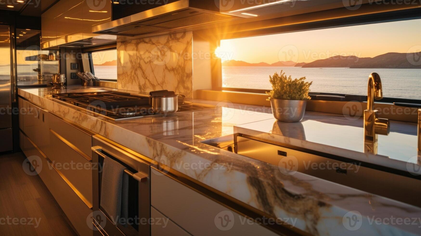 Sleek marble countertops and golden fixtures adorn the cabins galley kitchen, while the warm golden light from the sunset casts a soft glow throughout the space. photo