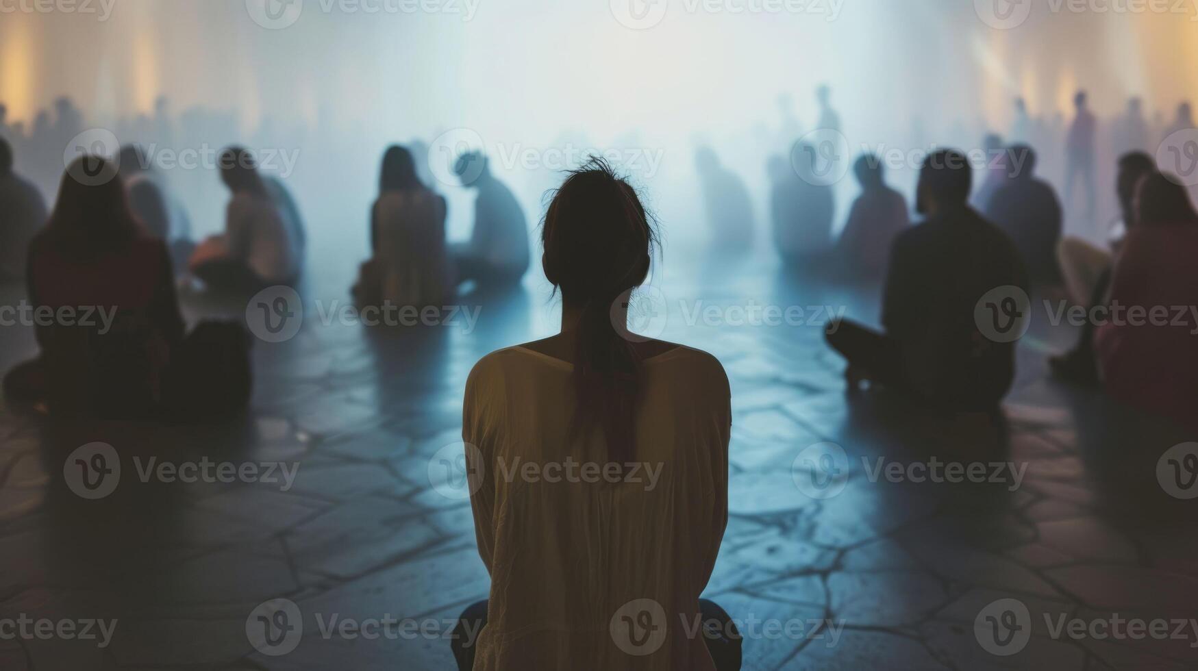A person sitting in a quiet corner of a crowded room trying to hide their discomfort and longing to fit in with their cultural peers photo