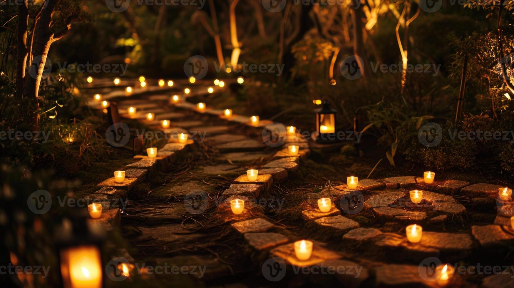 A labyrinth illuminated by the soft glow of lanterns, creating a peaceful and meditative atmosphere. photo