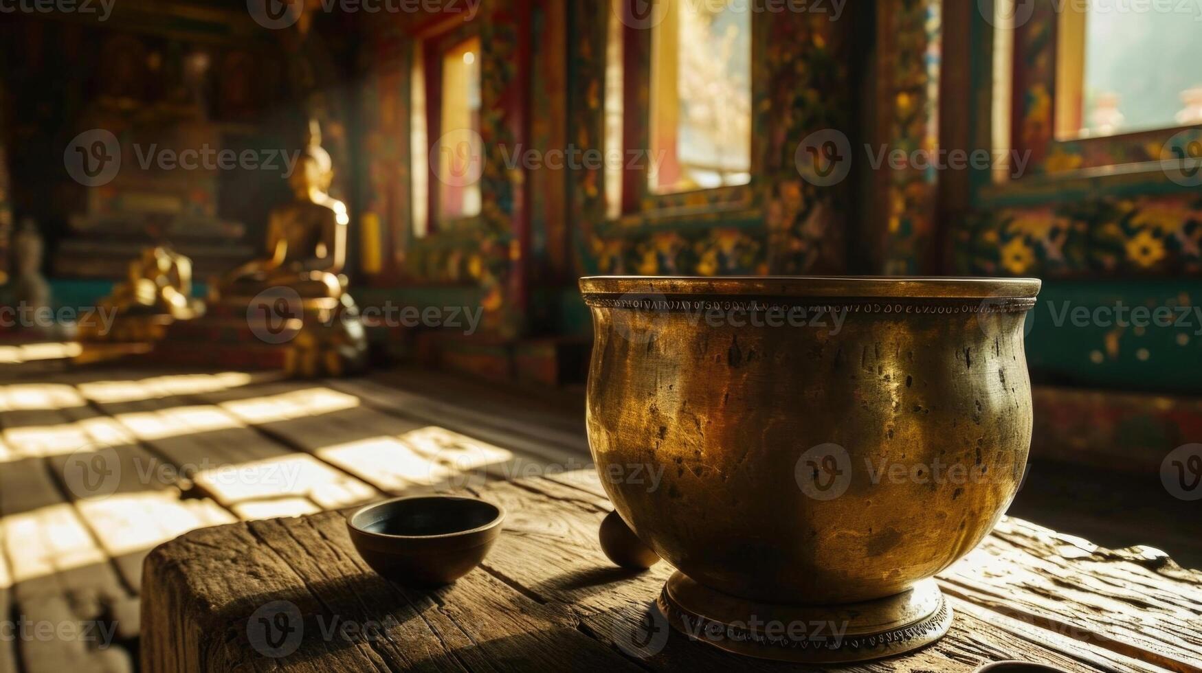 The temples walls seem to reverberate with the powerful sound of the singing bowl, creating a magical atmosphere. photo