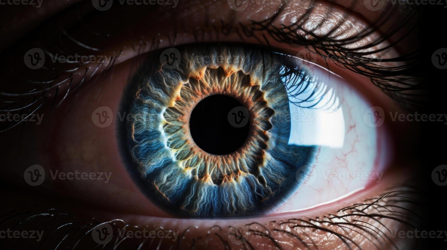 A magnified view of a human eye, highlighting the role of the illusory truth effect in making people more likely to believe in a conspiracy theory the more they hear about it. photo