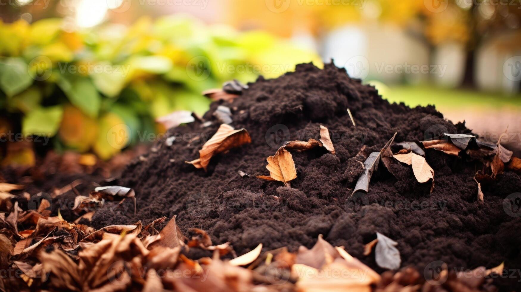 A closeup shot of a pile of rich, dark compost, made from a combination of kitchen ss, yard waste, and fallen leaves, all in support of a citywide composting initiative. photo