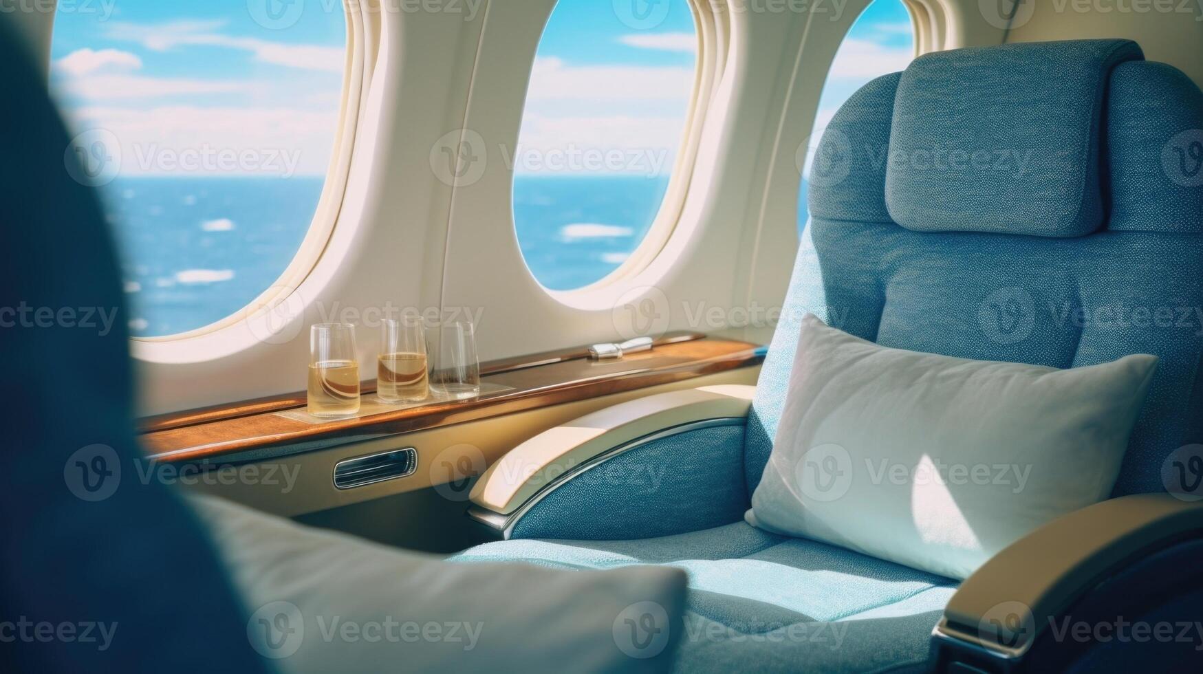 Flying above the endless blue sea while indulging in the plush seating of a private jet, truly a oneofakind experience. photo