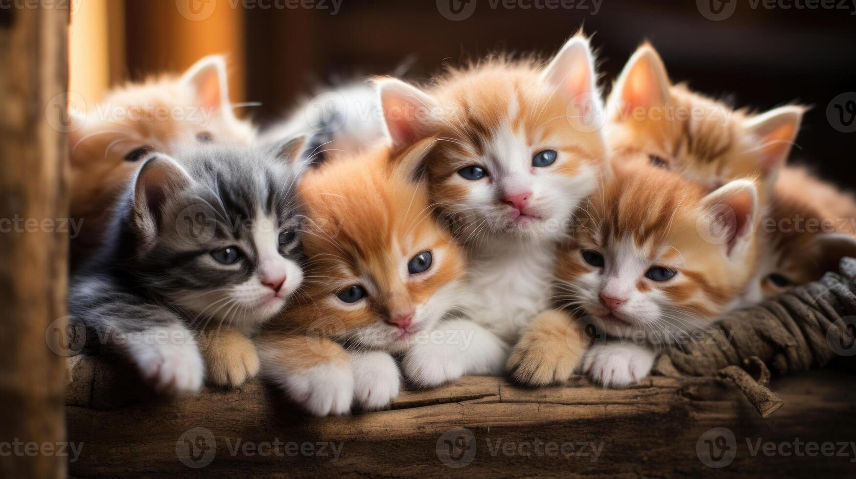A contented litter of kittens snuggled up together in a cozy corner of a barn, their tiny bodies rising and falling with each deep breath. photo