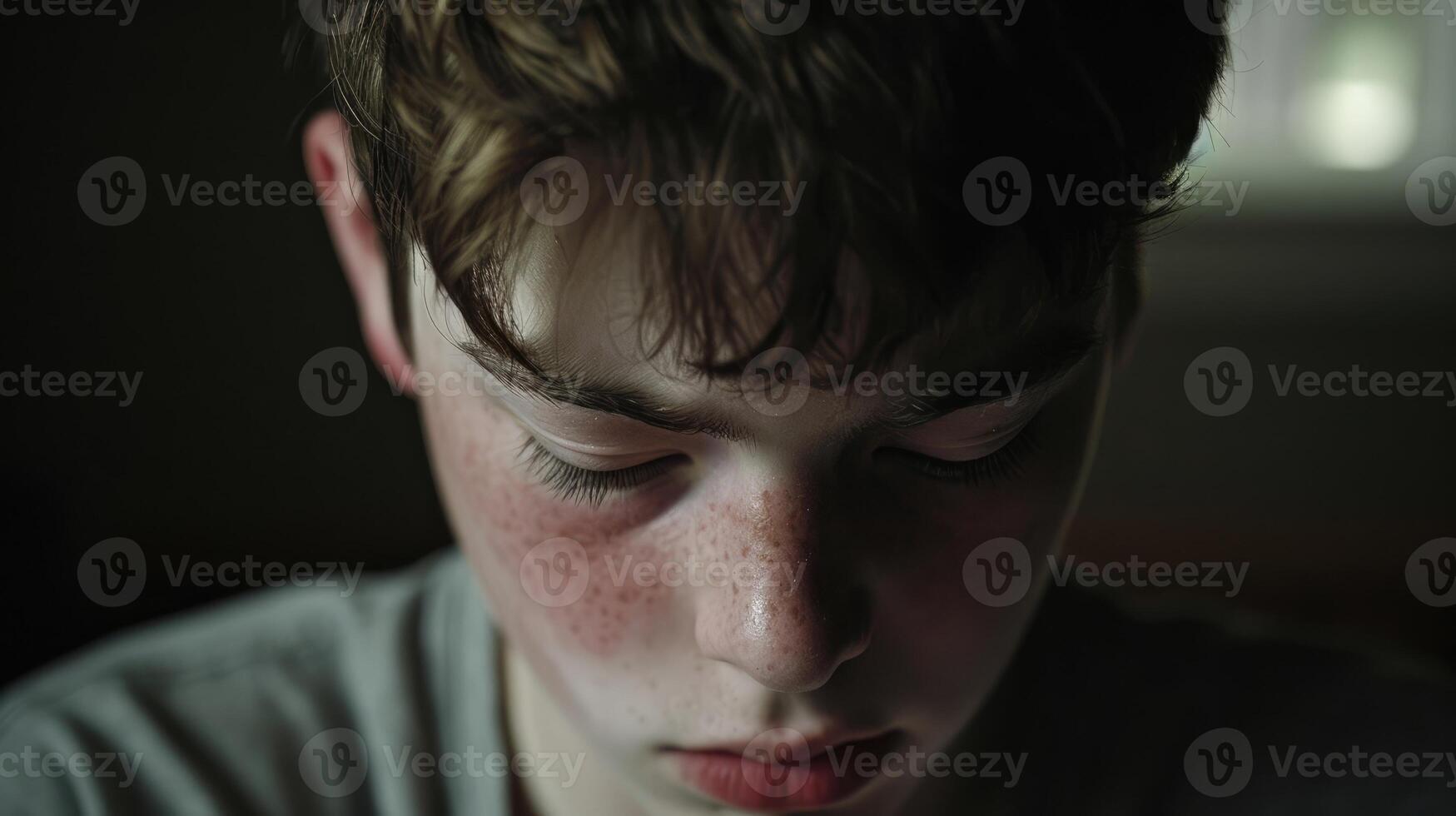 A teenage boy with balled fists and a red face his eyes closed as he tries to calm himself down photo