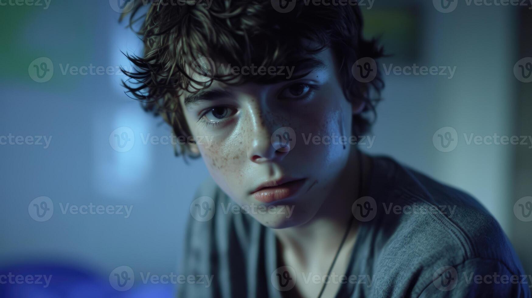 A teenage boy with a perplexed expression searching for answers in a jumbled mind photo