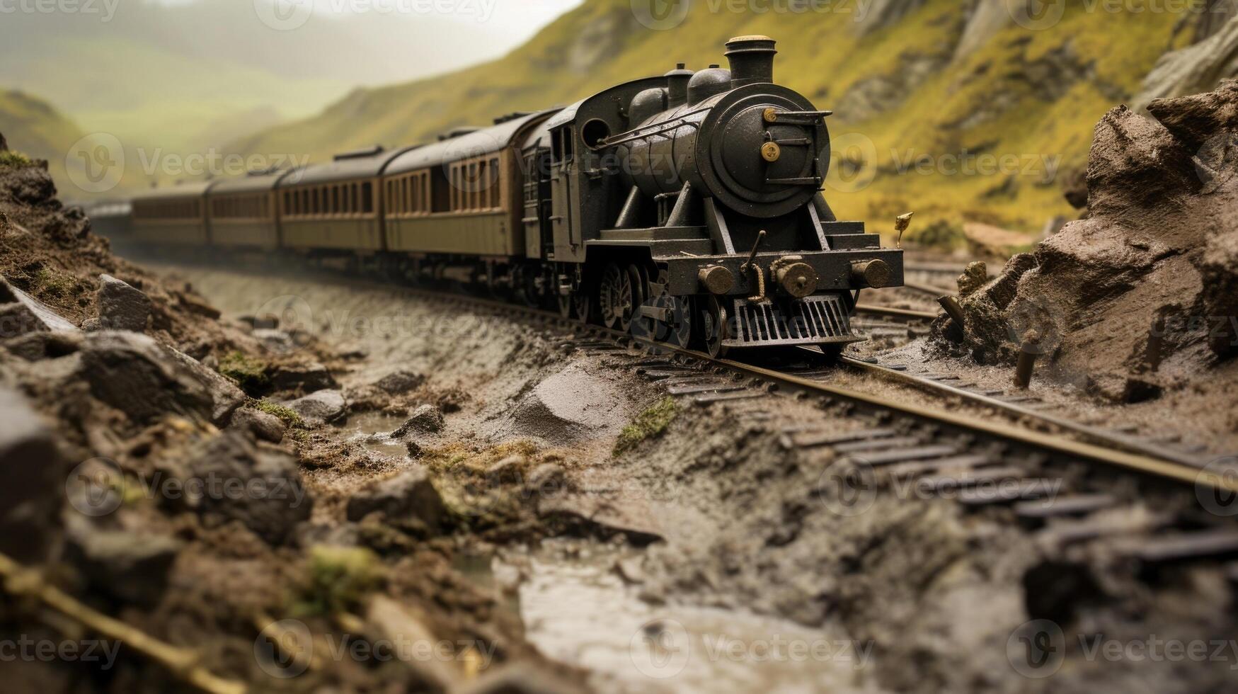 As heavy rain pours down, the ground gives way, creating a treacherous mudslide that barrels down the slope, leaving destruction in its wake. photo