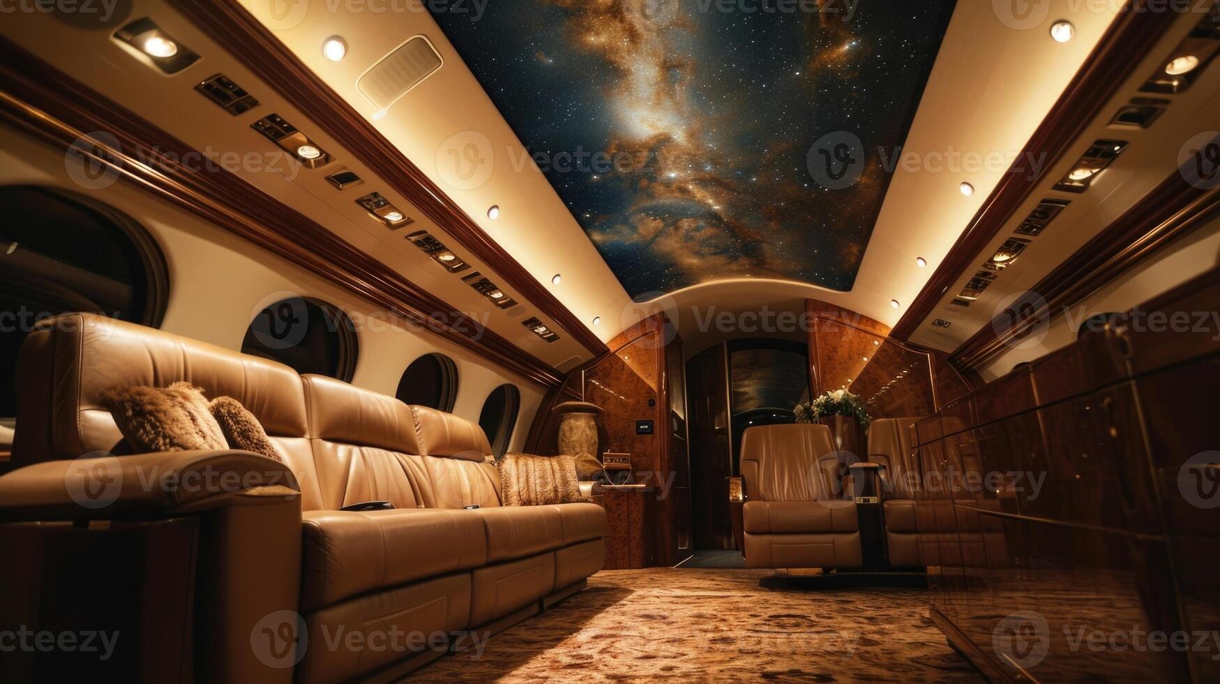 Take in the quiet beauty of the night sky through the panoramic windows of this private jet, elevated by the handcrafted ceiling panels depicting a ling constellation scene. photo