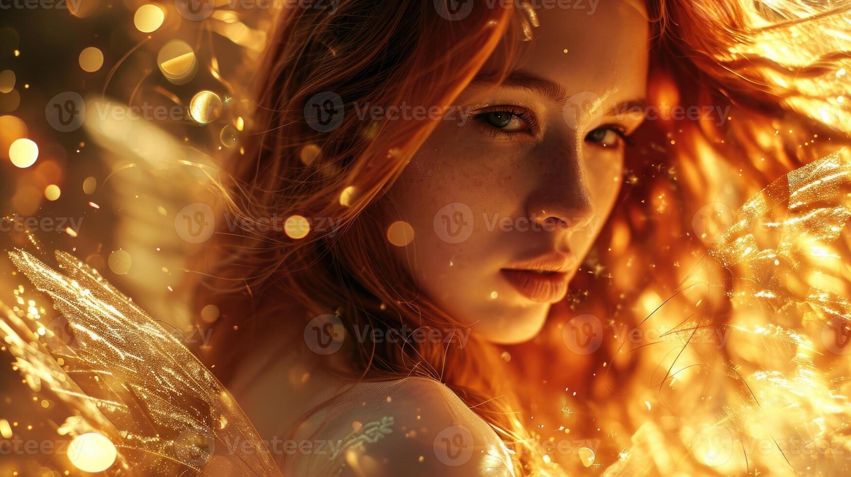 A portrait of a woman with long red hair and gossamerlike wings, her gaze serene as she is surrounded by a golden aura of flickering, celestial sparks. photo