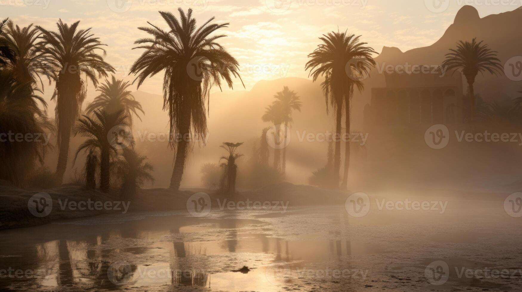 Mysterious Oasis A sudden fog envelops the desert, revealing hidden oases and adding an air of mystery. photo