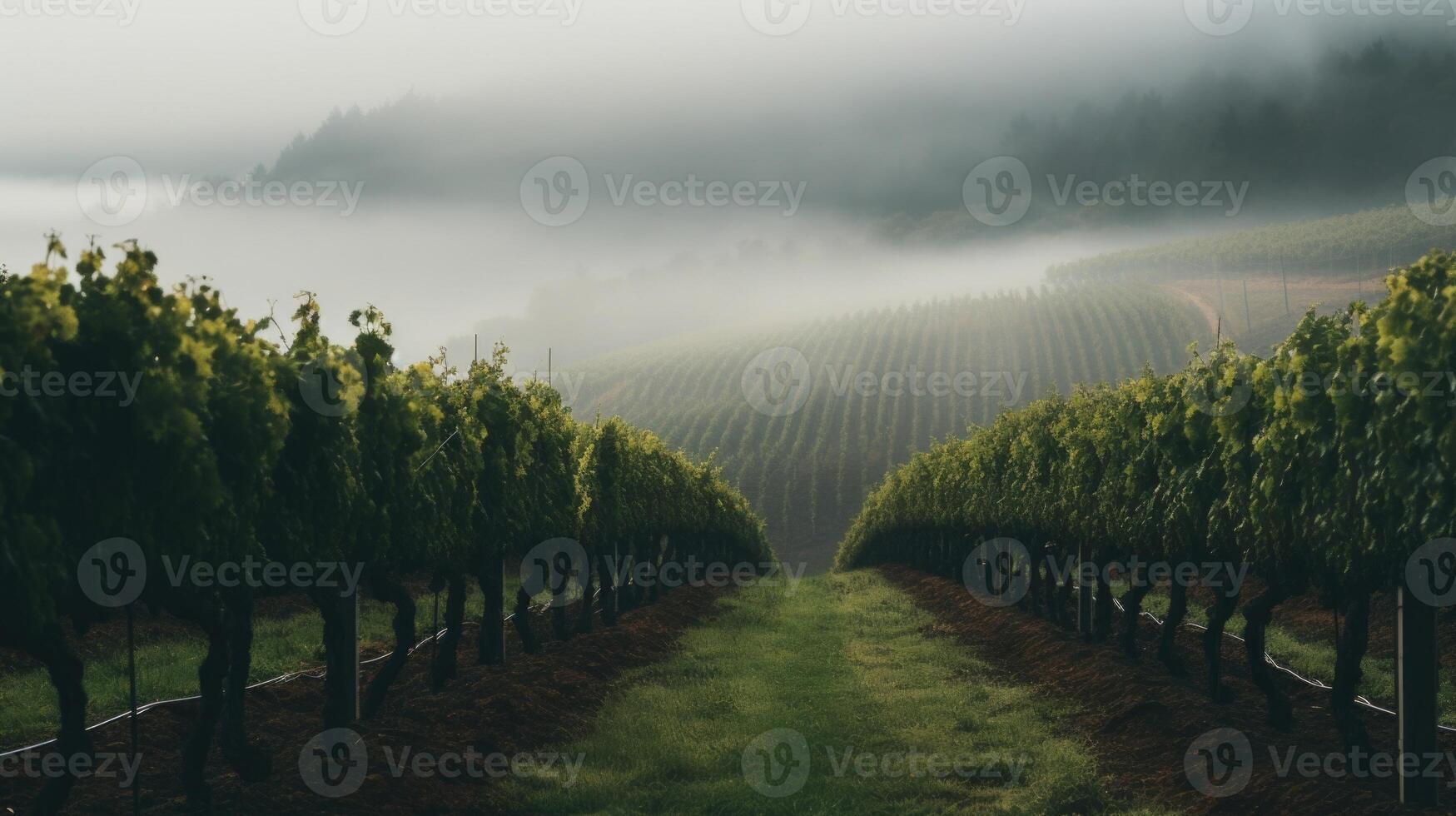 The fog hangs heavy in the air, adding an ethereal element to the already picturesque vineyard. photo