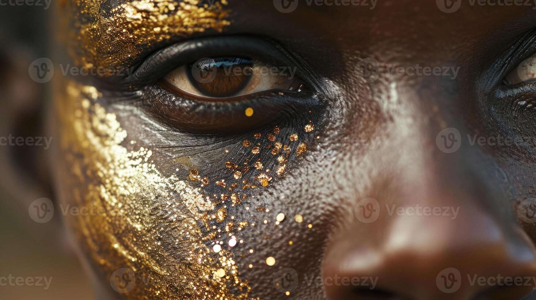 A closeup of a womans face with intricate tribal scarification and shimmering gold spark motifs, reflecting her unique identity and heritage. photo