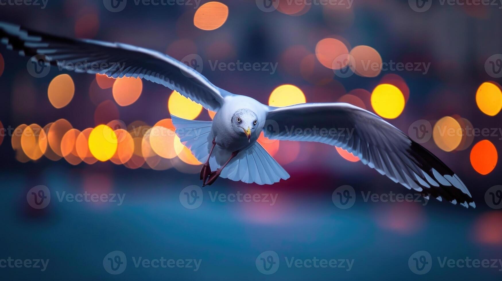 Closeup of a majestic seagull flying low over the harbor its keen eyes scanning the water below for any ss of food left behind by fishermen as the city lights come to lif photo