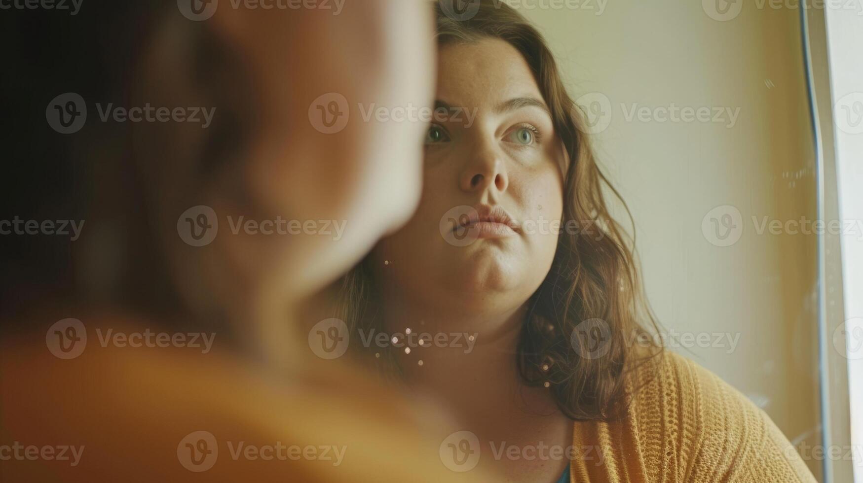 A person of larger size looks at themselves in the mirror feeling ashamed and guilty for not conforming to societys narrow standards of beauty photo